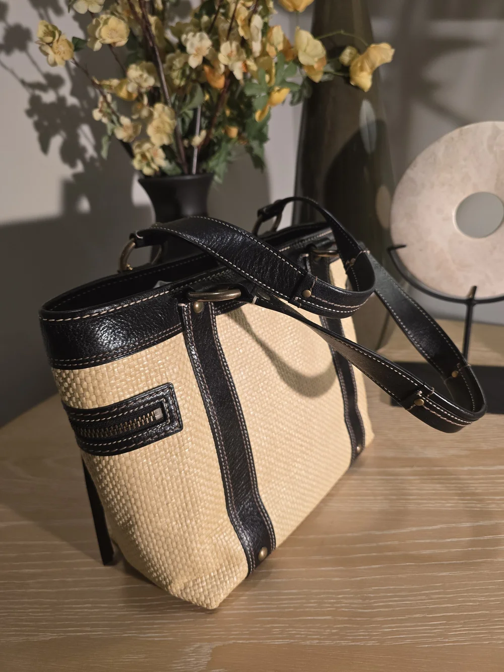 Coach Beige Straw Tote with Black Leather Trim